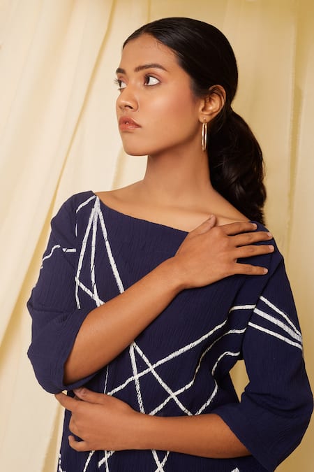 Buy Banana Labs Blue Cotton Round Neck Strike Hand Block Print Dress Online at Aza Fashions Buy_Banana Labs_Blue Cotton Round Neck Strike Hand Block Print Dress _Online_at_Aza_Fashions