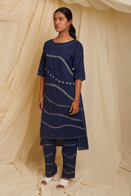 Shop Banana Labs Blue Cotton Round Neck Abstract Wave Print Kurta Pant Set Online at Aza Fashions Shop_Banana Labs_Blue Cotton Round Neck Abstract Wave Print Kurta Pant Set _Online_at_Aza_Fashions