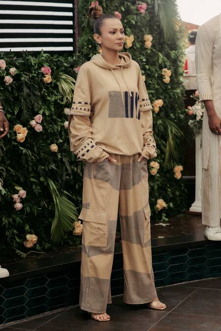 Banana Labs Beige Cotton Hand Block Print Hoodie And Pant Set Online at Aza Fashions Banana Labs_Beige Cotton Hand Block Print Hoodie And Pant Set _Online_at_Aza_Fashions