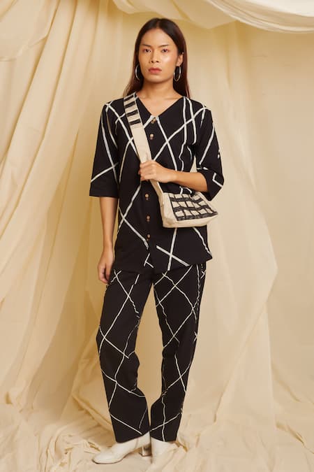Banana Labs Black Cotton Strike Stripe Print Top With Pant
