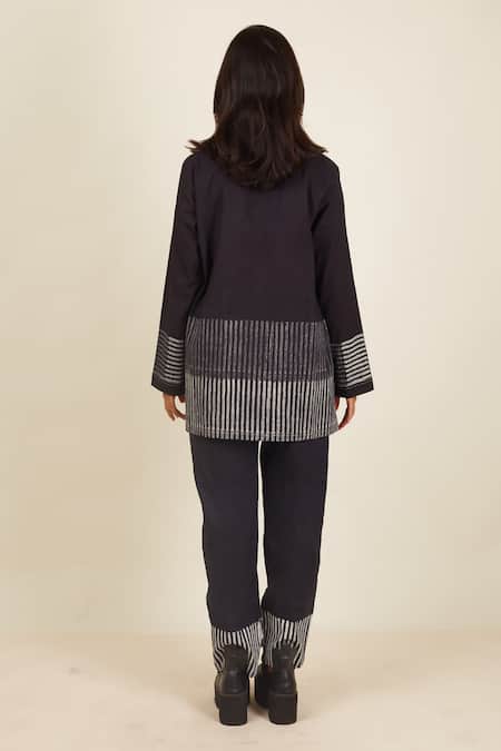 Shop Banana Labs Black Cotton Hand Block Print Stripe Shirt Graded Placement Top With Pant at Aza Fashions Shop_Banana Labs_Black Cotton Hand Block Print Stripe Shirt Graded Placement Top With Pant_at_Aza_Fashions