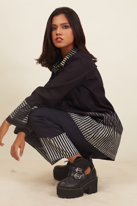 Banana Labs Black Cotton Hand Block Print Stripe Shirt Graded Placement Top With Pant Online at Aza Fashions Banana Labs_Black Cotton Hand Block Print Stripe Shirt Graded Placement Top With Pant_Online_at_Aza_Fashions