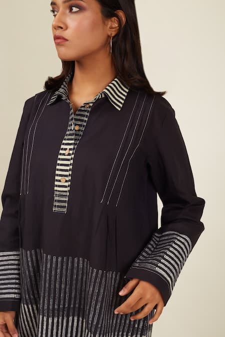 Buy Banana Labs Black Cotton Hand Block Print Stripe Shirt Graded Placement Top With Pant Online at Aza Fashions Buy_Banana Labs_Black Cotton Hand Block Print Stripe Shirt Graded Placement Top With Pant_Online_at_Aza_Fashions