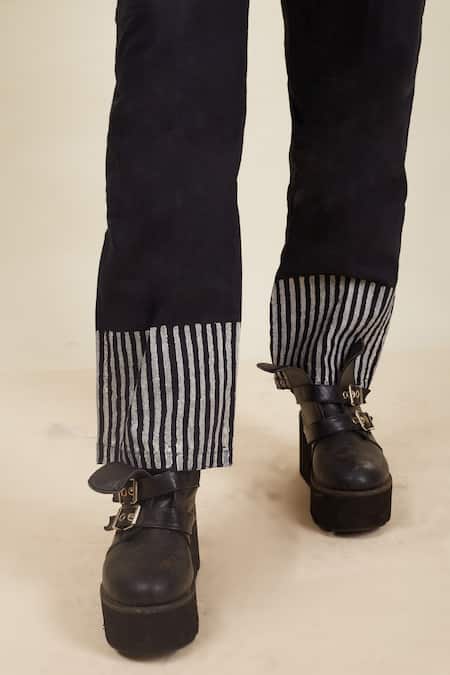 Shop Banana Labs Black Cotton Hand Block Print Stripe Shirt Graded Placement Top With Pant Online at Aza Fashions Shop_Banana Labs_Black Cotton Hand Block Print Stripe Shirt Graded Placement Top With Pant_Online_at_Aza_Fashions