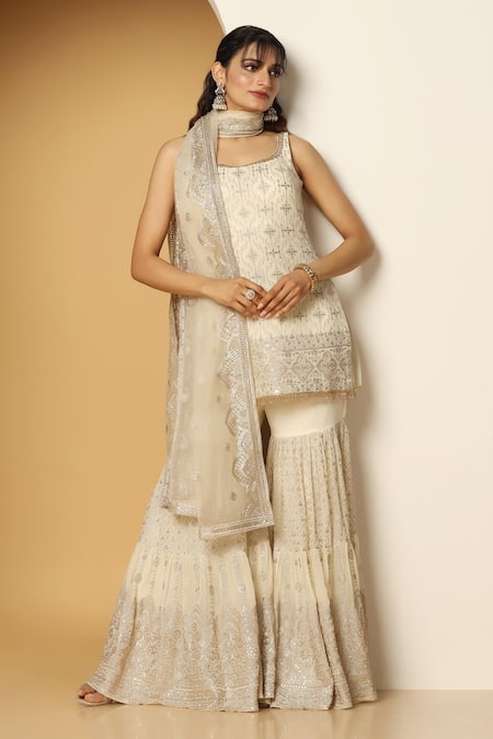 Meenagurnam Geometric Blossom Zari Embroidered Kurta Sharara Set 