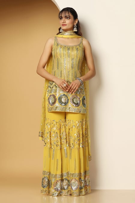 MeenaGurnam Metallic Sequin Fleur Embroidered Kurta Sharara Set 