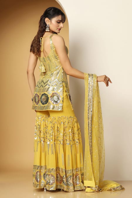 Shop_Meenagurnam_Yellow Georgette, Net Sequins, Embroidery Metallic Fleur Kurta Sharara Set _at_Aza_Fashions
