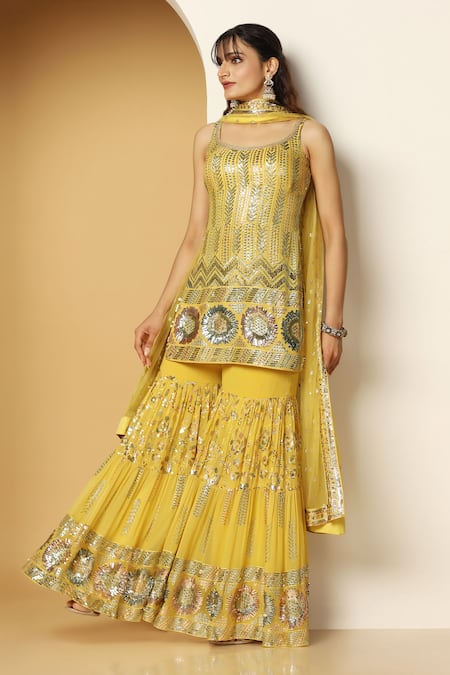 Buy_Meenagurnam_Yellow Georgette, Net Sequins, Embroidery Metallic Fleur Kurta Sharara Set _Online_at_Aza_Fashions
