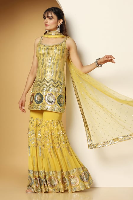 Meenagurnam_Yellow Georgette, Net Sequins, Embroidery Metallic Fleur Kurta Sharara Set _at_Aza_Fashions