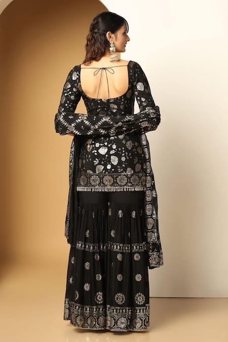 Shop Meenagurnam Black Chiffon Beads, Sequins Round Neck Musk Bloom Embroidered Kurta Sharara Set at Aza Fashions Shop_Meenagurnam_Black Chiffon Beads, Sequins Round Neck Musk Bloom Embroidered Kurta Sharara Set _at_Aza_Fashions