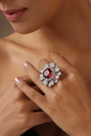 Swabhimann_Red Imitation Diamonds Floral Shaped Cutwork Ring _Online_at_Aza_Fashions