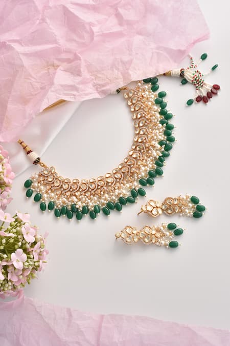 Shop_Swabhimann_Green Beads, Diamonds Polki Embellished Choker Set _Online_at_Aza_Fashions
