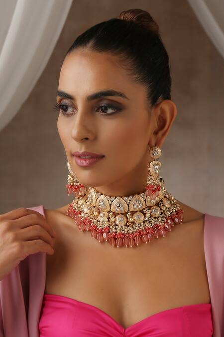 Swabhimann_Pink Beads, Diamonds Moissanite Polki Embellished Choker Set _Online_at_Aza_Fashions