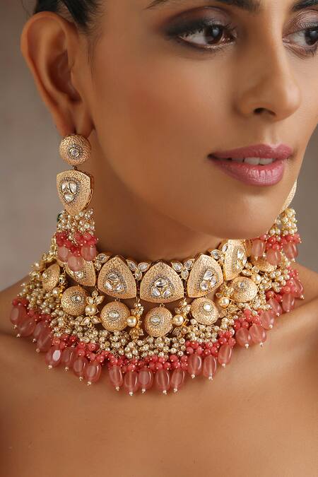 Buy_Swabhimann_Pink Beads, Diamonds Moissanite Polki Embellished Choker Set _Online_at_Aza_Fashions