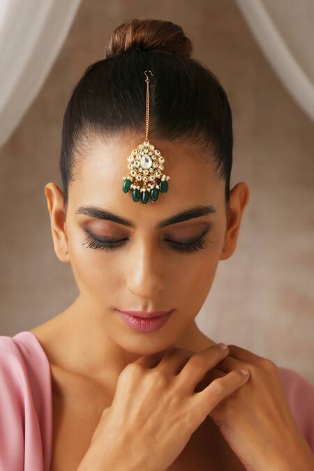 Shop_Swabhimann_Green Tear Drop Shaped Maangtikka _Online_at_Aza_Fashions