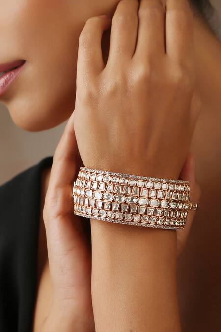 Swabhimann_Rose Gold Imitation Diamonds Moissanite Polki Embellished Kada _Online_at_Aza_Fashions