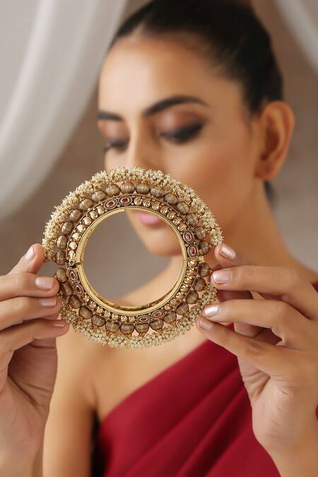 Swabhimann_Gold Plated Pearls Embellished Temple Work Kada _Online_at_Aza_Fashions