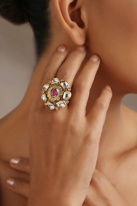 Buy_Swabhimann_Red Imitation Diamonds Kundan Studded Ring_Online_at_Aza_Fashions