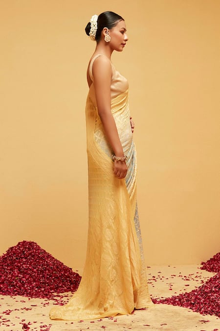 Suruchi Parakh_Yellow Georgette Embroidery Bandhani Banarasi Woven Saree With Running Blouse_Online_at_Aza_Fashions