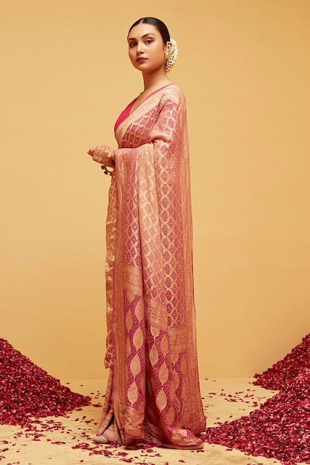 Suruchi Parakh_Pink Georgette Bandhani Banarasi Pattern Saree With Running Blouse_Online_at_Aza_Fashions