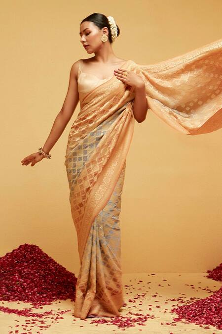 Buy_Suruchi Parakh_Orange Georgette Checkered Banarasi Woven Saree With Running Blouse_Online_at_Aza_Fashions
