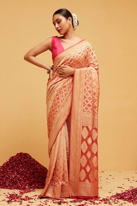 Suruchi Parakh Orange Georgette Woven Bandhani Pattern Saree With Running Blouse 