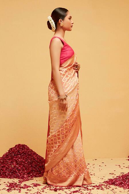 Suruchi Parakh Orange Georgette, Cotton Embroidery Bandhani Pattern Saree With Running Blouse Online at Aza Fashions Suruchi Parakh_Orange Georgette, Cotton Embroidery Bandhani Pattern Saree With Running Blouse_Online_at_Aza_Fashions