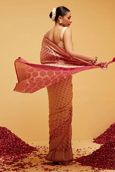 Shop Suruchi Parakh Maroon Georgette Embroidery Mughal Banarasi Woven Saree With Running Blouse Online at Aza Fashions Shop_Suruchi Parakh_Maroon Georgette Embroidery Mughal Banarasi Woven Saree With Running Blouse_Online_at_Aza_Fashions