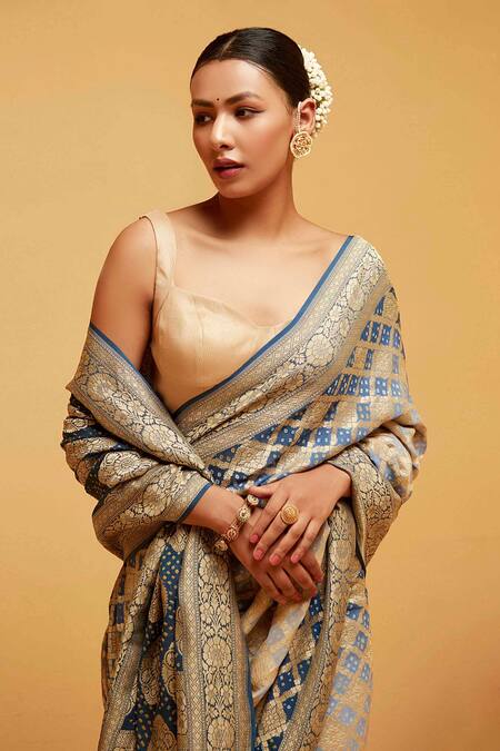 Buy Suruchi Parakh Blue Georgette Embroidery Checkered Woven Saree With Running Blouse Online at Aza Fashions Buy_Suruchi Parakh_Blue Georgette Embroidery Checkered Woven Saree With Running Blouse_Online_at_Aza_Fashions