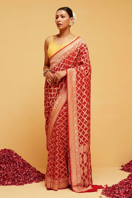 Suruchi Parakh Red Georgette Woven Bandhani Floral Vine Banarasi Saree With Running Blouse 