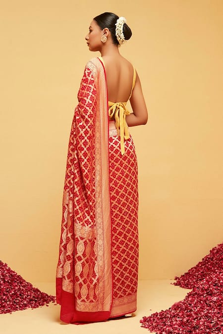 Shop Suruchi Parakh Red Georgette Embroidery Floral Vine Banarasi Woven Saree With Running Blouse at Aza Fashions Shop_Suruchi Parakh_Red Georgette Embroidery Floral Vine Banarasi Woven Saree With Running Blouse_at_Aza_Fashions