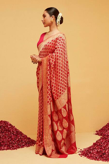 Suruchi Parakh_Red Georgette Embroidery Florette Banarasi Woven Saree With Running Blouse_Online_at_Aza_Fashions