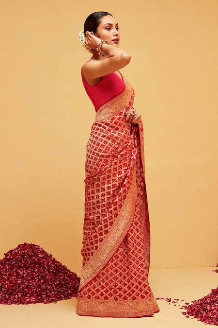 Shop_Suruchi Parakh_Red Georgette Embroidery Florette Banarasi Woven Saree With Running Blouse_Online_at_Aza_Fashions