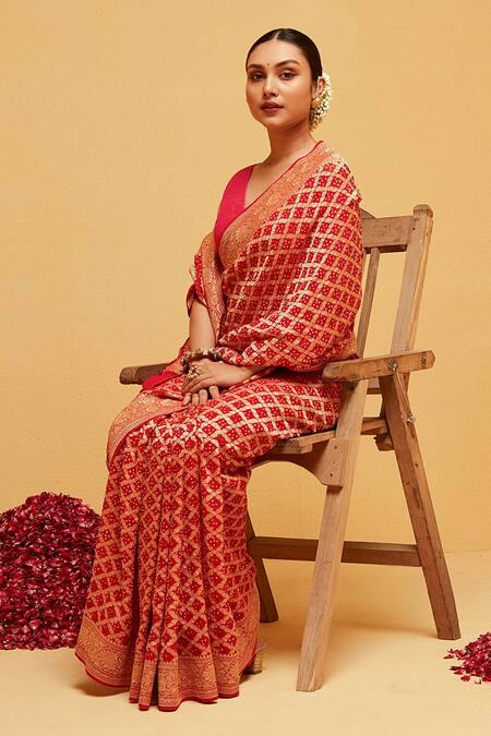 Suruchi Parakh_Red Georgette Embroidery Florette Banarasi Woven Saree With Running Blouse_at_Aza_Fashions