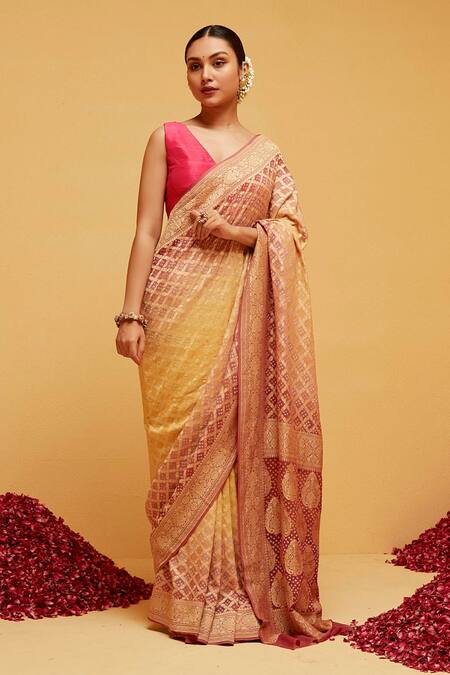 Suruchi Parakh_Yellow Georgette Embroidery Leaf Woven Banarasi Saree With Running Blouse_Online_at_Aza_Fashions