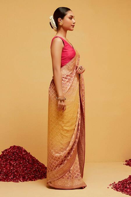Buy_Suruchi Parakh_Yellow Georgette Embroidery Leaf Woven Banarasi Saree With Running Blouse_Online_at_Aza_Fashions