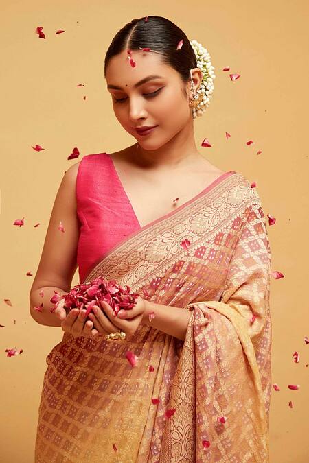 Shop_Suruchi Parakh_Yellow Georgette Embroidery Leaf Woven Banarasi Saree With Running Blouse_Online_at_Aza_Fashions