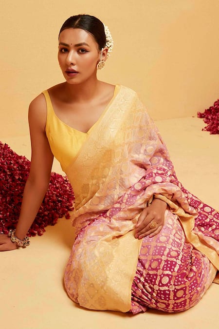 Buy_Suruchi Parakh_Yellow Georgette Embroidery Checkered Woven Banarasi Saree With Running Blouse_Online_at_Aza_Fashions