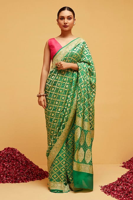 Suruchi Parakh Green Georgette Woven Bandhani Diamond Banarasi Saree With Running Blouse 