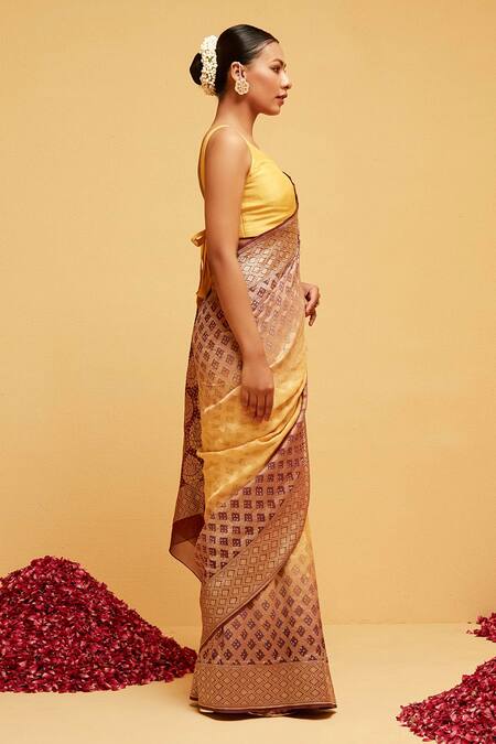 Suruchi Parakh Yellow Georgette Embroidery Leaf Woven Banarasi Saree Online at Aza Fashions Suruchi Parakh_Yellow Georgette Embroidery Leaf Woven Banarasi Saree_Online_at_Aza_Fashions