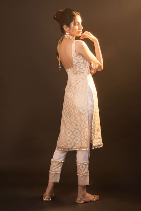 Buy_Monk & Mei By Sonia Anand_White Brocade, Chiffon Pearls Square Neck Eloise Checkered Woven Kurta Set _Online_at_Aza_Fashions