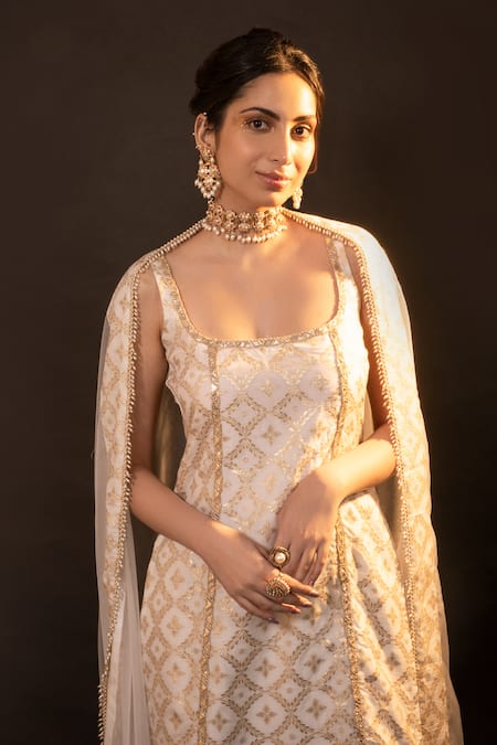 Buy_Monk & Mei By Sonia Anand_White Brocade, Chiffon Pearls Square Neck Eloise Checkered Woven Kurta Set 