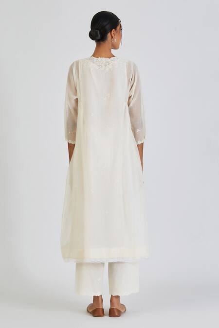 Shop_Lajjoo C_Ivory Chanderi Embroidery Ditsy Fleur Round Neck Binti Kurta With Palazzo _at_Aza_Fashions