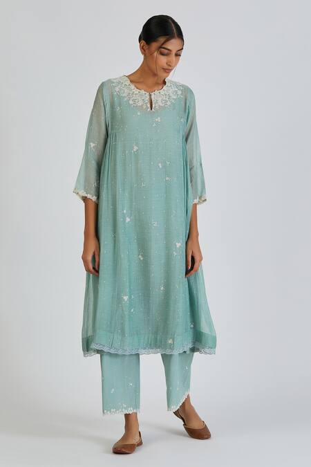 Lajjoo C Blue Chanderi Embroidery Fleur Round Neck Binti Kurta With Palazzo 