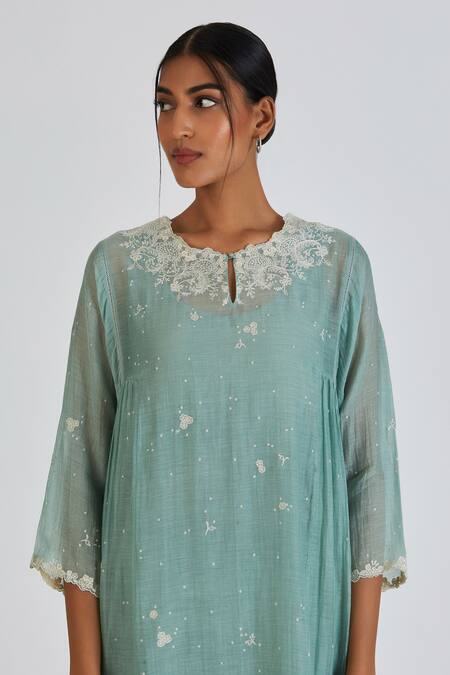Lajjoo C Blue Chanderi Embroidery Fleur Round Neck Binti Kurta With Palazzo Online at Aza Fashions Lajjoo C_Blue Chanderi Embroidery Fleur Round Neck Binti Kurta With Palazzo _Online_at_Aza_Fashions
