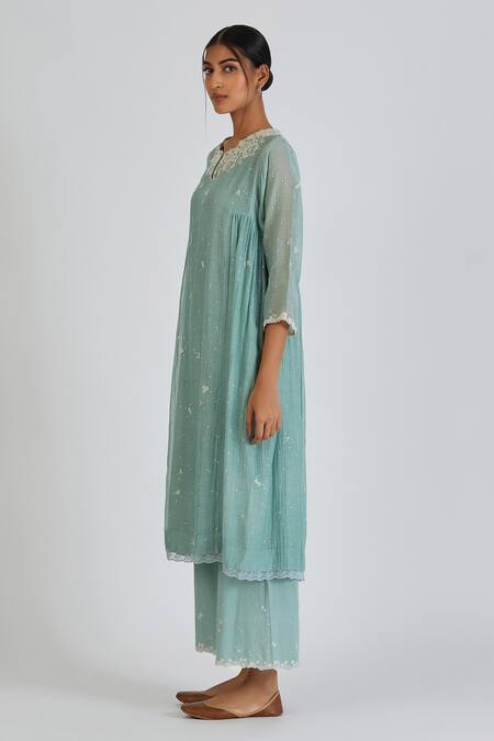 Lajjoo C Blue Chanderi Embroidery Fleur Round Neck Binti Kurta With Palazzo at Aza Fashions Lajjoo C_Blue Chanderi Embroidery Fleur Round Neck Binti Kurta With Palazzo _at_Aza_Fashions