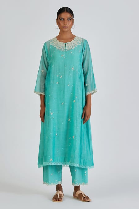 Lajjoo C Blue Chanderi Embroidery Floral Round Neck Binti Kurta With Palazzo 
