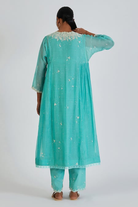 Shop Lajjoo C Blue Chanderi Embroidery Floral Round Neck Binti Kurta With Palazzo at Aza Fashions Shop_Lajjoo C_Blue Chanderi Embroidery Floral Round Neck Binti Kurta With Palazzo _at_Aza_Fashions