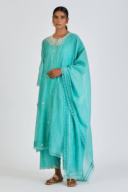 Buy Lajjoo C Blue Chanderi Embroidery Floral Round Neck Binti Kurta With Palazzo Online at Aza Fashions Buy_Lajjoo C_Blue Chanderi Embroidery Floral Round Neck Binti Kurta With Palazzo _Online_at_Aza_Fashions