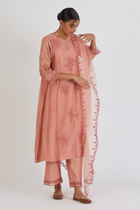Shop_Lajjoo C_Pink Chanderi Print Dots Round Madhu Floret Resham Embroidered Kurta With Pant _Online_at_Aza_Fashions